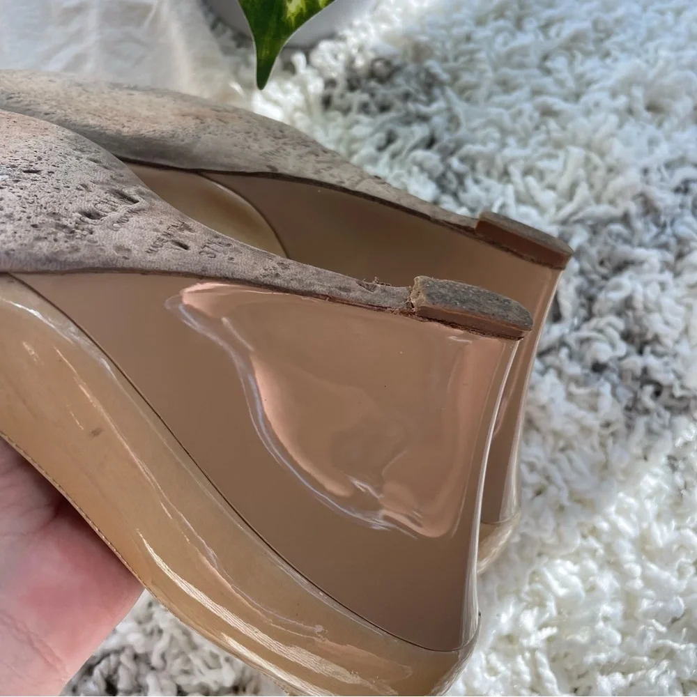 Jimmy Choo Beige Patent Leather Peep-Toe Wedge